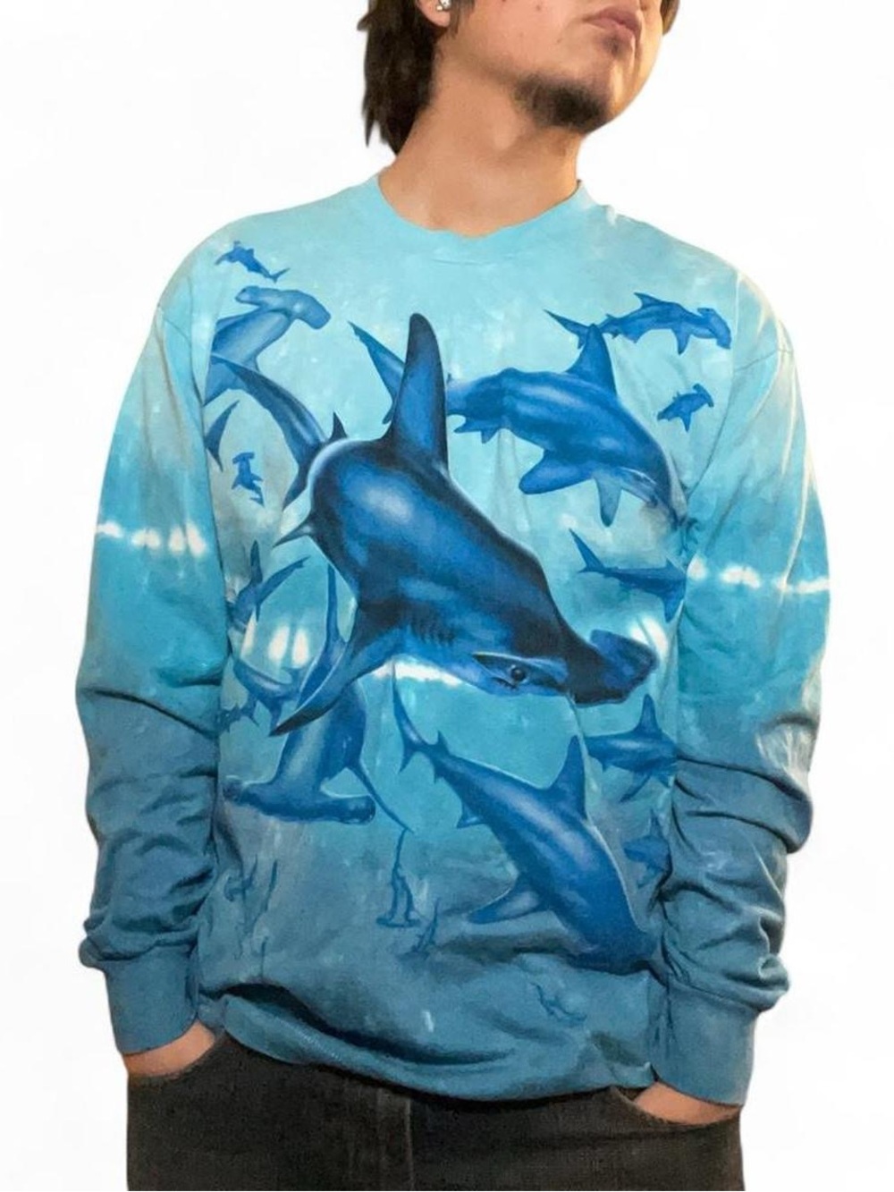 Vintage 1997 Liquid Blue Hammerhead Shark All Over Print Tie Dye Long Sleeve Shi